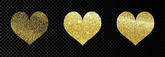 Set of three gold glittering hearts on dark background. Background with gold sparkles and glitter effect. Vector illustration