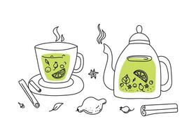 Set of hot healthy tea drink. Mug and teapot. Drawings, doodles. Tea in a cup, teapot, spices, lemon. Winter season. Vector illustration of tea time icons.