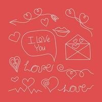 Set of hearts, lettering. Knitting hobby. Threads, needle. Outline drawing, line art. vector