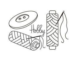 Hobby icon, emblem. Reel of thread, button and needle, pattern is linear. Doodle. Logo vector