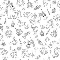 Cute unicorn, pony, cartoon birthday attributes. Pattern Children's holiday, magic doodles. vector