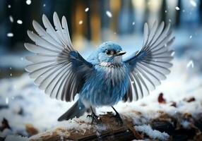 AI generated Little blue bird landing on the snow in winter landscape with falling snow photo