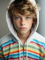 AI generated Young teenager wearing a colorful hoodie. Casual fashion photo