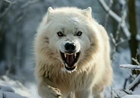 ai generado feroz y enojado ártico blanco lobo en invierno paisaje con que cae nieve foto
