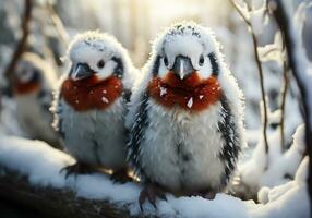 AI generated Penguins in the snow in winter landscape with falling snow photo