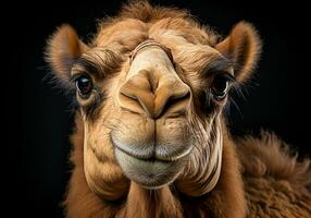 ai generado realista retrato de un camello en oscuro antecedentes. foto