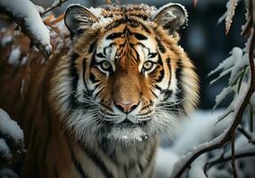 AI generated Huge Siberian tiger in winter landscape with falling snow photo