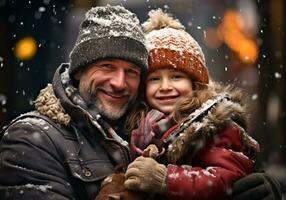 AI generated Child on his father's lap dressed in warm clothes in a woolen hat and scarf, on the street with falling snow. Winter time photo