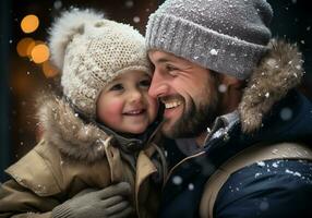 ai generado niño en su del padre regazo vestido en calentar ropa en un de lana sombrero y bufanda, en el calle con que cae nieve. invierno hora foto