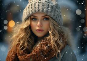 ai generado joven mujer vestido calurosamente en un de lana sombrero y bufanda en el calle con que cae nieve. invierno tiempo. foto