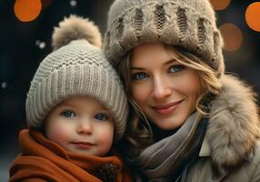 AI generated Child on mother's lap dressed in warm clothes in a woolen hat and scarf, on the street with falling snow. Winter time. photo