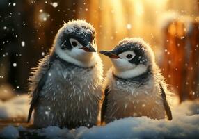 AI generated Penguins in the snow in winter landscape with falling snow photo