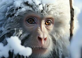 ai generado linda bebé mono en invierno paisaje con que cae nieve. foto