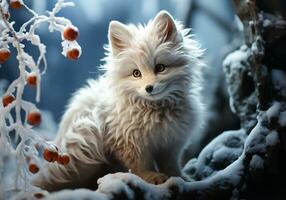 AI generated Red fox in winter landscape with falling snow. photo