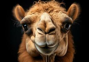 ai generado realista retrato de un camello en oscuro antecedentes. foto