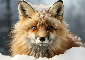 AI generated Red fox in winter landscape with falling snow. photo