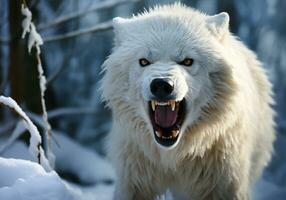 AI generated Fierce and angry arctic white wolf in winter landscape with falling snow photo