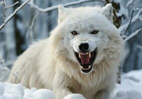 ai generado feroz y enojado ártico blanco lobo en invierno paisaje con que cae nieve foto