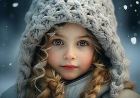 ai generado niña vestido calurosamente en un de lana sombrero y bufanda en el calle con que cae nieve. invierno hora foto