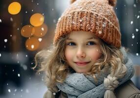 ai generado niña vestido calurosamente en un de lana sombrero y bufanda en el calle con que cae nieve. invierno hora foto