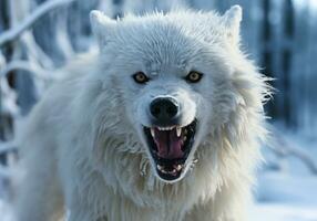 AI generated Fierce and angry arctic white wolf in winter landscape with falling snow photo