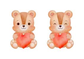 Watercolor Brown Color Teddy Bear Holding Heart Vector