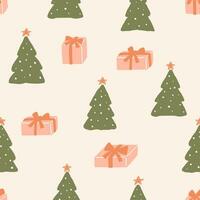 Seamless pattern with Christmas trees and presents. Minimalistic hand drawn design in pink and green colors vector