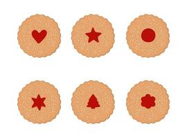 Hand drawn linzer Christmas cookies set. Traditional cookies with jam in different shapes vector