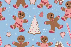 Winter seamless patterns with gingerbread cookies. Awesome holiday vector background. Christmas repeating texture for surface design, wallpapers, fabrics, wrapping paper etc. Vector illustration