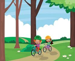 Vector illustration of happy kids riding bicycles in the park