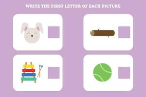 Write the first letter of each picture. Educational game for preschool, kindergarten or elementary kids. vector