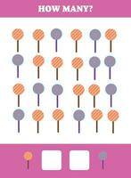 Counting game for kids. How many candy are there Educational worksheet design for children. vector