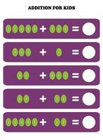 adición página para niños. educativo matemáticas juego para niños con kiwi. imprimible hoja de cálculo diseño. aprendizaje matemático vector