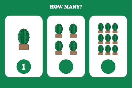 How many cactus are there Educational worksheet design for children. Counting game for kids. vector