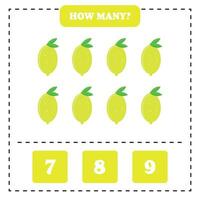 Counting game for kids. How many lemon are there Educational worksheet design for children. vector