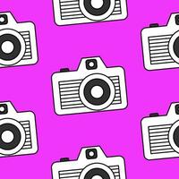 Bright seamless pattern minimalistic black and white camera on a pink background. Doodle retro film camera, wrapping paper, background. vector