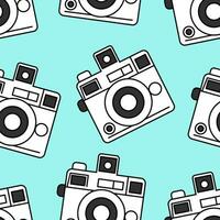 Bright seamless pattern minimalistic black and white camera on a pastel mint background. Doodle retro film camera, wrapping paper, background. vector