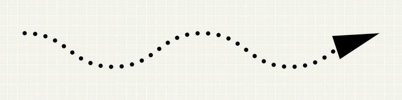 A thin, curved black arrow pointing to the right. A minimalistic playful pointer made of dots on a notebook background. vector