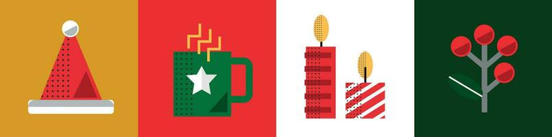 Navidad elementos en moderno minimalista geométrico moderno estilo. vistoso plano vector dibujos animados estilo ilustración. Navidad árbol con geométrico patrones, estrellas y resumen elementos