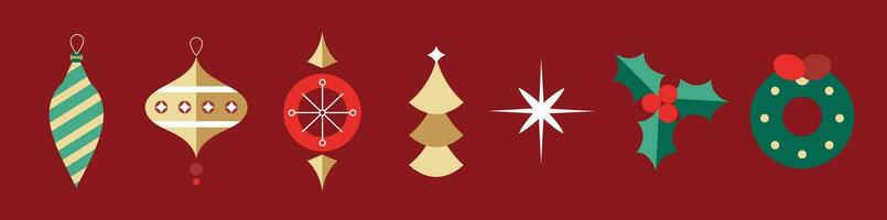 Navidad elementos en moderno minimalista geométrico moderno estilo. vistoso plano vector dibujos animados estilo ilustración. Navidad árbol con geométrico patrones, estrellas y resumen elementos