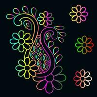 Rainbow color line art floral vector illustration, colorful vintage decorative vector template, rainbow color flower ornaments.