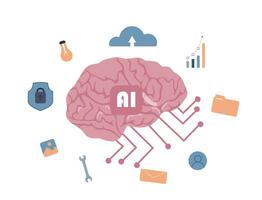 Artificial intelligence concept. AI brain software. Advanced technologies of the future. Data cloud, picture generator, chat bot, ideas. Cyber security. Flat vector illustration.