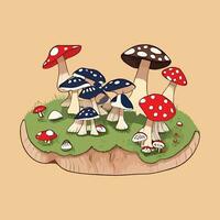 Groovy mushroom retro set with faces. Colorful flat vector illustration.