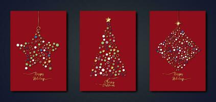 Set red card of Merry Christmas and Happy Holiday, greeting cards, posters, New Year covers. Design templates with typography, season wishes in colorful minimalist style for web, social media, print vector