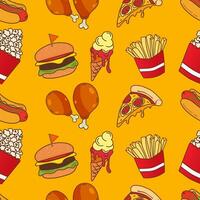 Fast food elements seamless pattern on yellow background vector illustration. Easily modifiable vector elements.