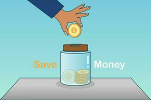 Hand putting coin in the glass jar. Learning how to save money. Vector illustration.