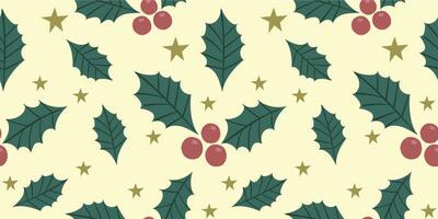 Navidad sin costura modelo con acebo bayas, estrellas y hojas. vector