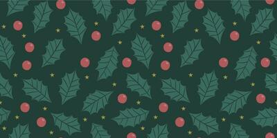 Christmas seamless pattern with holly berries, stars and leaves. vector