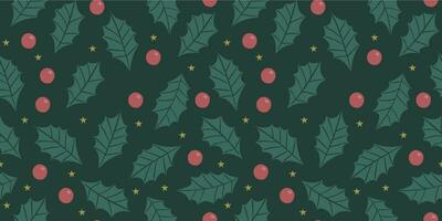 Christmas seamless pattern with holly berries, stars and leaves. vector