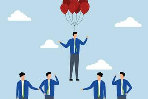 Innovation skill to different from others, Businessman flying above other competitors in balloon suit and recruiting candidates. vector